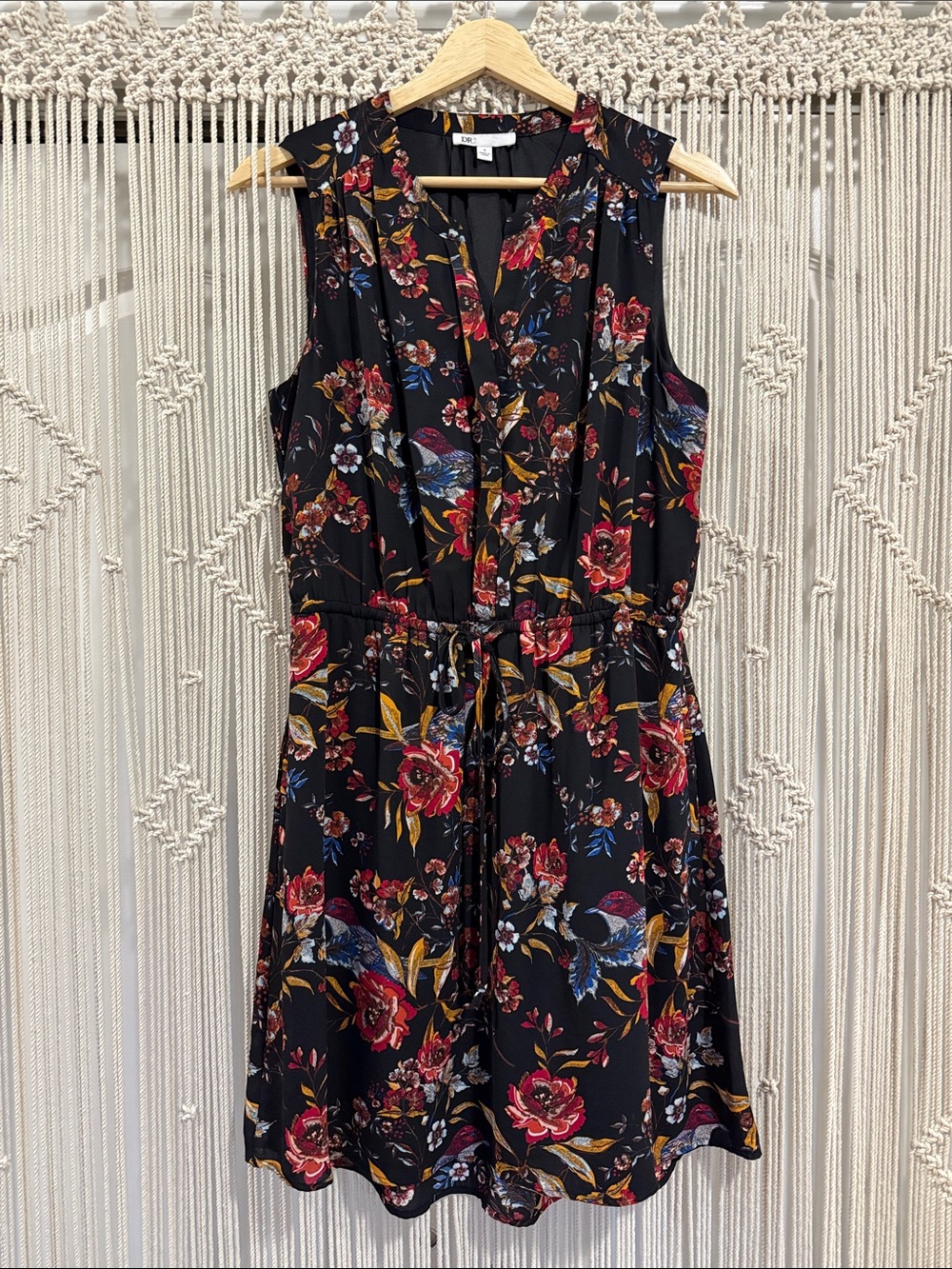 DR2 Black Floral Sleeveless Tie-Waist Mini Dress